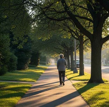 Pessoa sênior caminhando sozinha sob luz natural da manhã, representando momento de reflexão e bem-estar ao ar livre.