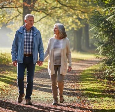 Casal de 60 anos mantendo rotina de exercícios ao ar livre em ambiente natural, focando em saúde cardiovascular.