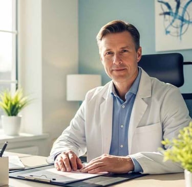 médico em ambiente clínico acolhedor, representando confiança e cuidado integral com a saúde.