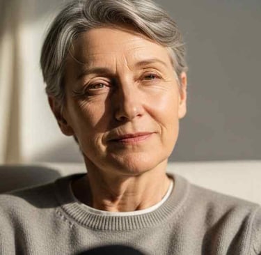 Pessoa sentada em um ambiente calmo, luz natural suave, expressão serena porém levemente cansada.