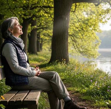 essoa madura sentada em um banco ao ar livre, respirando fundo, expressão serena, natureza ao redor.