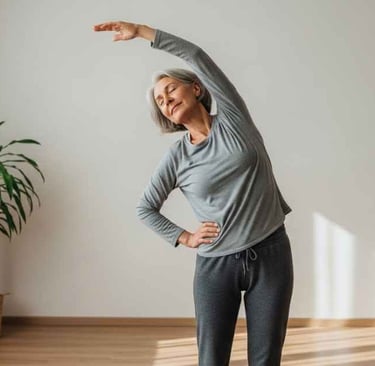 Pessoa realizando alongamento leve em casa, ambiente simples, expressão tranquila.