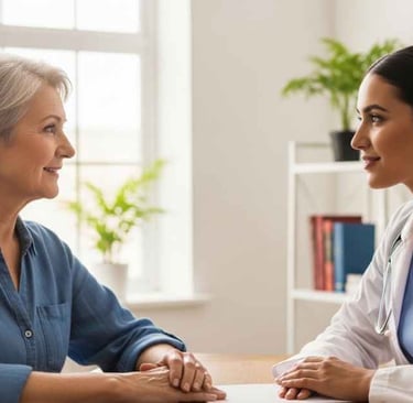 Pessoa de aproximadamente 60 anos conversando com médico em consultório claro e acolhedor, luz natural, expressão tranquila.