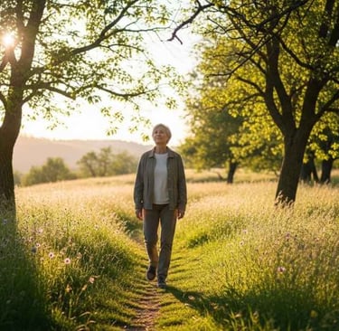 Pessoa caminhando ao ar livre, postura ereta, ambiente tranquilo, luz natural suave, estilo fotográfico realista, sem texto.