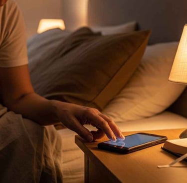 Pessoa 55+ desligando o celular na mesa de cabeceira antes de dormir, quarto com iluminação suave, ambiente acolhedor.