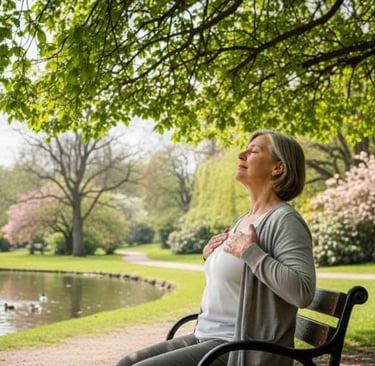 Pessoa madura sentada em um banco ao ar livre, respirando fundo, ambiente calmo.