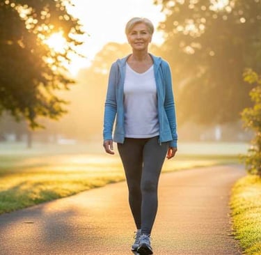 Mulher de cerca de 60 anos caminhando em um parque pela manhã, luz dourada do nascer do sol, expressão serena.
