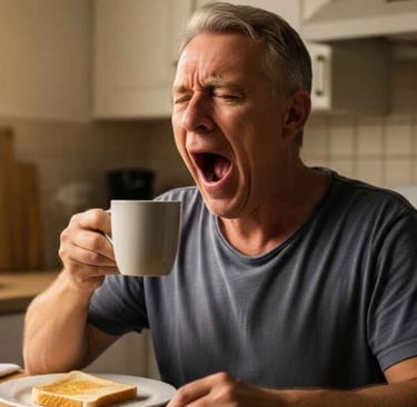 Homem de aproximadamente 55 anos bocejando pela manhã na cozinha, segurando uma xícara de café.