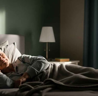 Pessoa de cerca de 60 anos dormindo em um quarto confortável, luz suave da madrugada, ambiente tranquilo