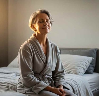 Pessoa madura sentada na cama ao amanhecer, luz natural suave entrando pela janela.