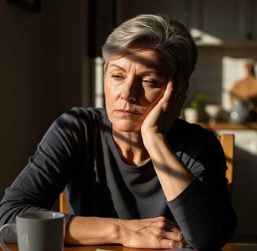 Pessoa madura sentada à mesa pela manhã, apoiando o rosto na mão, aparência cansada, luz natural entrando pela janela.