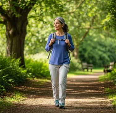 Expressão serena de mulher de 55 anos caminhando em trilha arborizada sob luz natural, representando paz e equilíbrio mental.