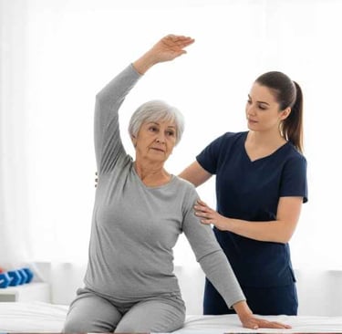 Pessoa idosa realizando exercício de alongamento com auxílio de fisioterapeuta em clínica.