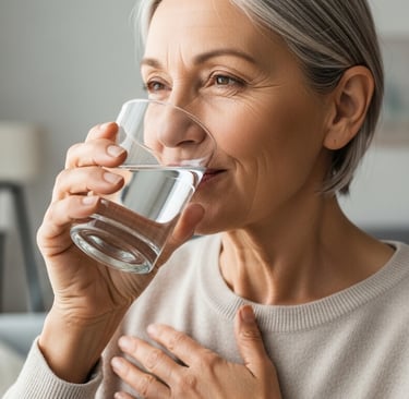 Pessoa madura bebendo água em um copo de vidro, ambiente claro, sensação de simplicidade e cuidado.