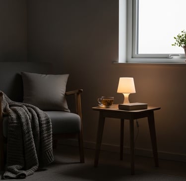 Quarto simples e organizado, luz baixa, clima aconchegante, sensação de silêncio e descanso.