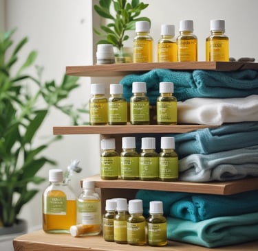 A store shelf filled with various health and wellness products, including lotions, creams, and lip balms. The shelf features brands like Charlotte's Web, Social, Joy, and Green Roads. Products are labeled with prices and organized neatly by brand. The shelf is painted in a light green color, complementing the packaging design of many products.