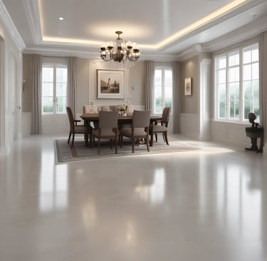A modern interior space with a sleek design featuring tiled flooring and wood paneling. Large glass doors at the end of the corridor offer a view of a neatly maintained garden with green foliage. The ceiling has inset lighting that casts a soft glow.