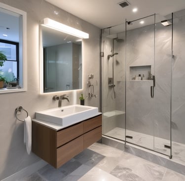 A modern interior featuring high ceilings and rows of glass-panelled walls, creating a spacious, well-lit corridor. The architectural design incorporates clean lines, with balconies and lighting fixtures enhancing the sense of openness.