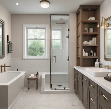 A bathroom interior featuring two sinks with ornate mirrors framed in gold. Wall-mounted lights are positioned vertically beside each mirror. The walls are covered in white tiles, and the floor has a patterned mosaic design. Plumbing and paper towel holders are visible under the sinks.