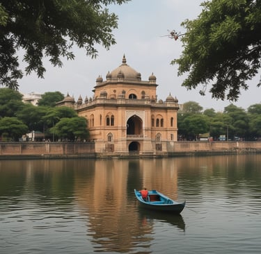 The historic Lalbagh Fort surrounded by lush greenery.