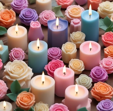 A collection of handcrafted rose-shaped candles in soft pastel colors.