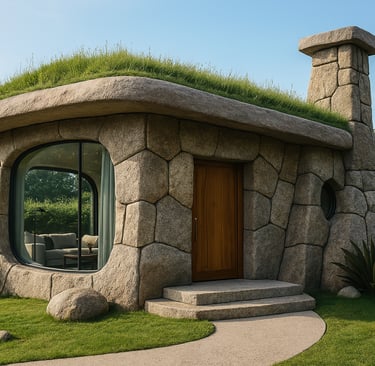 a small stone house with a green roof
