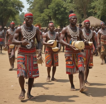 A lively street market scene with a group of musicians playing traditional instruments. The musicians, dressed casually, are seated in a line with various string and percussion instruments. Stalls in the background have colorful fabrics and other items, creating a vibrant atmosphere enhanced by warm lighting. People are browsing the stalls, adding to the bustling ambiance.