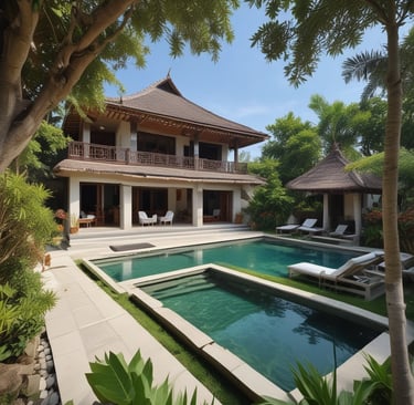 A luxury white villa with large windows and a green roof is situated on a scenic hillside. A man in sunglasses and swimwear is casually seated on a wooden railing, enjoying the warm sun.