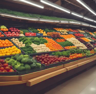 A large, single-story supermarket building with a prominent glass facade. The structure features a white exterior with a sloped, terracotta-colored roof. Near the top of the building, a brightly colored sign with a blue border and a yellow circle is prominently displayed. Below, the windows showcase promotional posters inside.