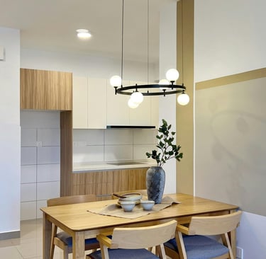 Soft and balanced color scheme in a modern dining space with earthy tones and minimalist design.