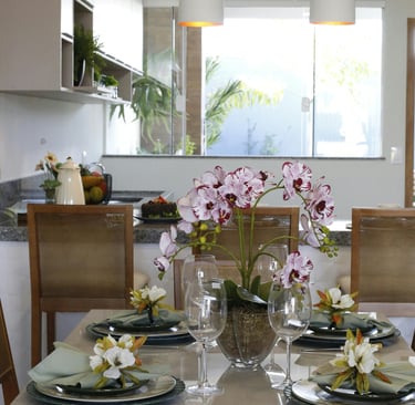 Modern dining room with a white marble table