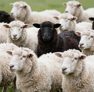 two white and one black lambs beside road