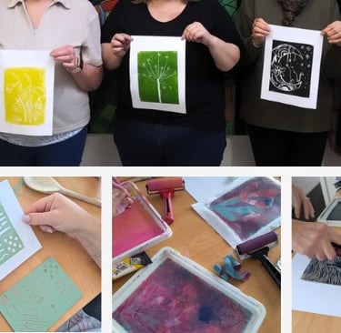 A collage showing artists creating handmade linocut prints in a creative workshop in Essex