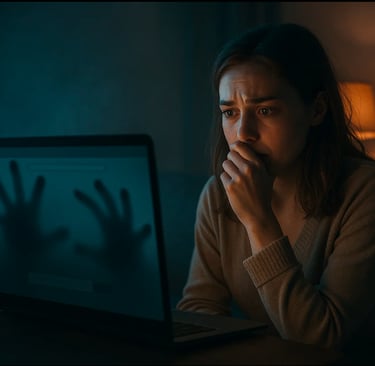 Une femme assise seule dans un salon faiblement éclairé, le visage éclairé par la lumière de l'ordi