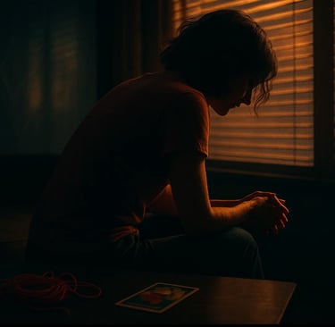 Une femme assise au bord d’un canapé, éclairée par une lumière douce filtrant par des stores