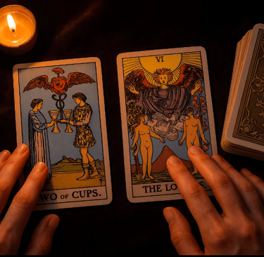 Mains posées sur des cartes de tarot étalées avec bougies en arrière-plan