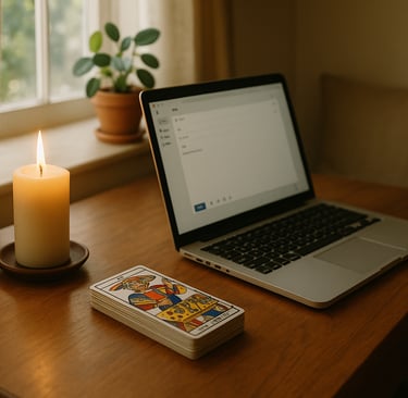 Consultation de voyance par mail avec Pierre Lemestre — photo d’un bureau apaisant, bougie allumée,