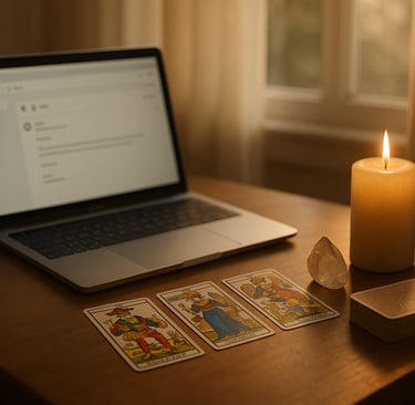 Illustration symbolique de la voyance par mail — un bureau apaisant avec un ordinateur portable affi