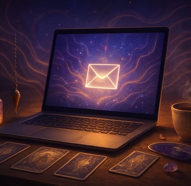 Photo réaliste d’un bureau à la lumière tamisée, avec un ordinateur portable diffusant une lueur mys