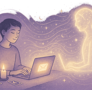 Illustration symbolique représentant la voyance par mail : une personne écrit sur un ordinateur dont