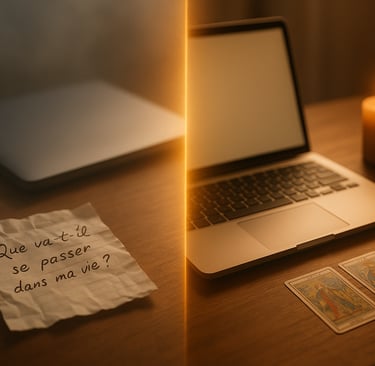 Photo hyper réaliste d’un bureau en bois éclairé par une lumière dorée. À gauche, une feuille froiss