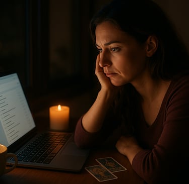 Photo hyper réaliste d’une femme assise seule le soir devant son ordinateur portable, éclairée par u