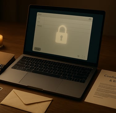 Photo hyper réaliste d’un bureau en bois éclairé par une lumière douce et dorée. Un ordinateur porta