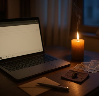 Photo réaliste d’un bureau apaisant avec ordinateur, cartes de tarot et bougie, symbolisant la répon