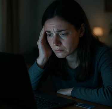 Femme inquiète devant son ordinateur, découvrant un prélèvement inattendu après une fausse voyance g