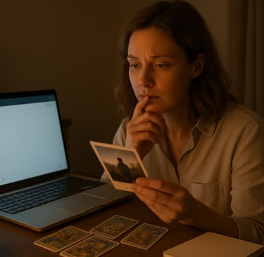 Femme pensive tenant une photo devant son ordinateur, hésitant à l’envoyer pour une consultation de