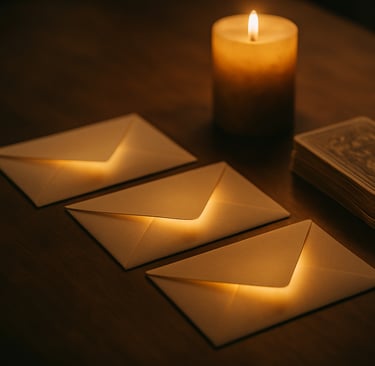Trois enveloppes posées sur un bureau éclairé par une bougie, symbolisant trois questions envoyées p