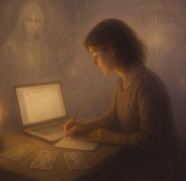 Personne écrivant un email à la lumière d’une bougie, dans une ambiance douce et spirituelle.