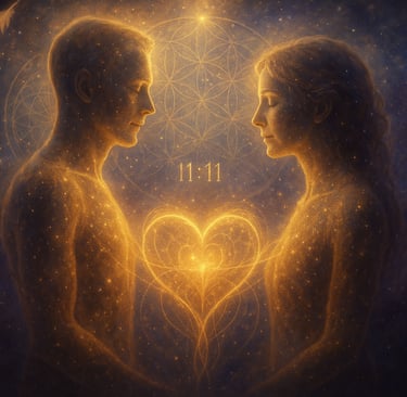 Deux silhouettes lumineuses se faisant face dans un espace cosmique, reliées par une énergie en form