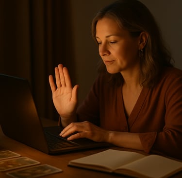 Femme apaisée lisant un email sur son ordinateur, ressentant l’énergie du message